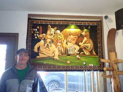 In front of a Dogs Playing Pool tapestry